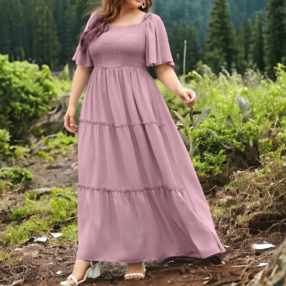 Hannah Smocked Bodice Flutter Sleever Tiered Dusty Pink Maxi Dress sz 18